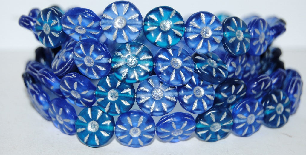 Flower Pressed Glass Beads, Mixed Colors Blue 54201M (Mix Blue 54201M), Glass, Czech Republic