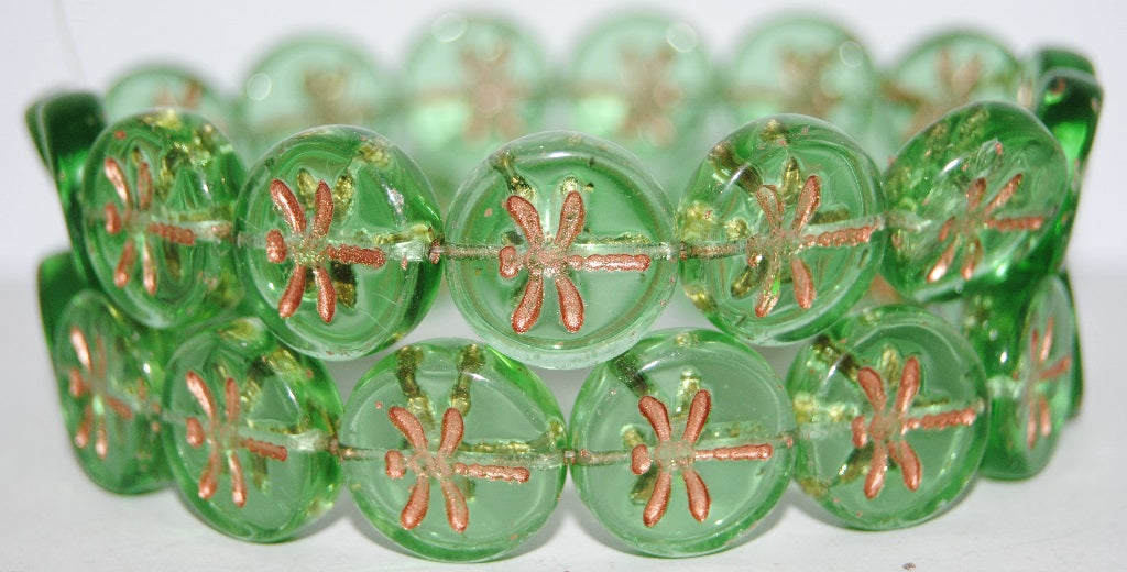 Round Flat Wit Dragonfly Pressed Glass Beads, Transparent Green 54200 (50520 54200), Glass, Czech Republic