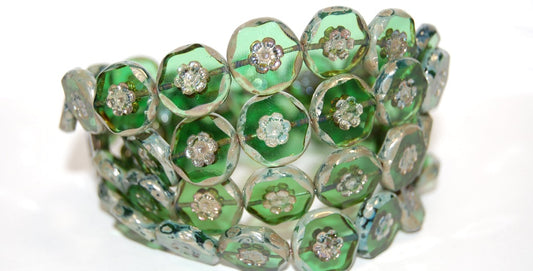 Table Cut Round Beads With Flower, Transparent Green 43400 (50020 43400), Glass, Czech Republic