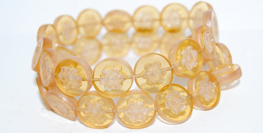 Table Cut Round Beads With Flower, Transparent Yellow Luster Cream (80100 14401), Glass, Czech Republic
