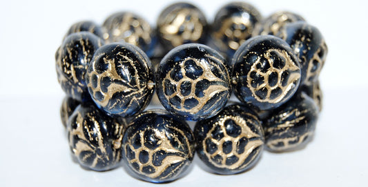 Round With Flower Pressed Glass Beads, Transparent Dark Blue 54202 (30320 54202), Glass, Czech Republic