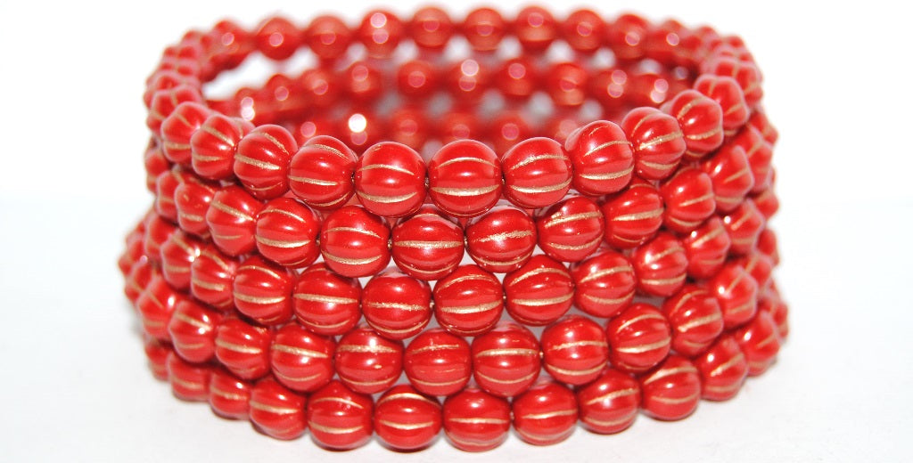 Melon Round Pressed Glass Beads With Stripes, Red 54200 (93190 54200), Glass, Czech Republic