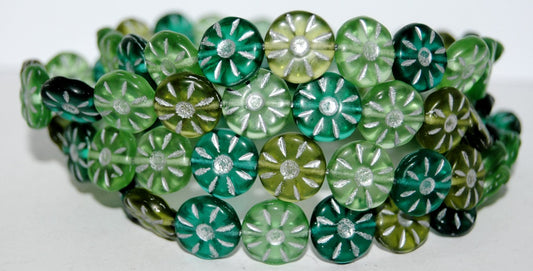 Flower Pressed Glass Beads, Mixed Colors Green 54201M (Mix Green 54201M), Glass, Czech Republic
