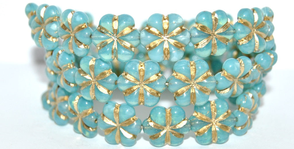 6-Petal Flower Pressed Glass Beads, Opal Aqua 54202 (61300 54202), Glass, Czech Republic