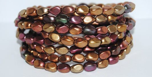 Olive Oval Pressed Glass Beads With Edges, Mix Of Metallic Colours Dyed (1640), Glass, Czech Republic