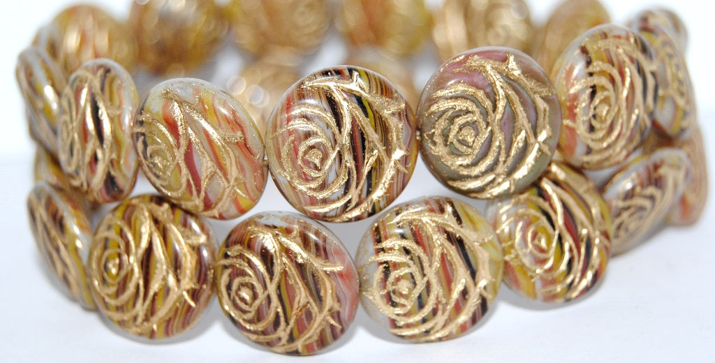 Round Flat Rose Flower Pressed Glass Beads, (95810 54202), Glass, Czech Republic