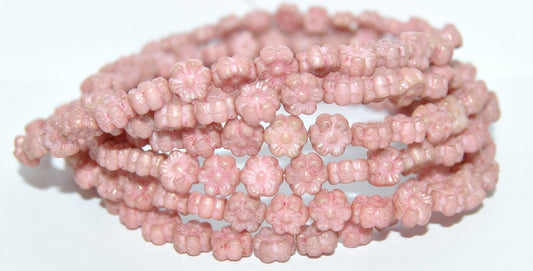 Hawaii Flower Pressed Glass Beads, White Luster Red Full Coated Antiq (2010 14495 Antiq), Glass, Czech Republic