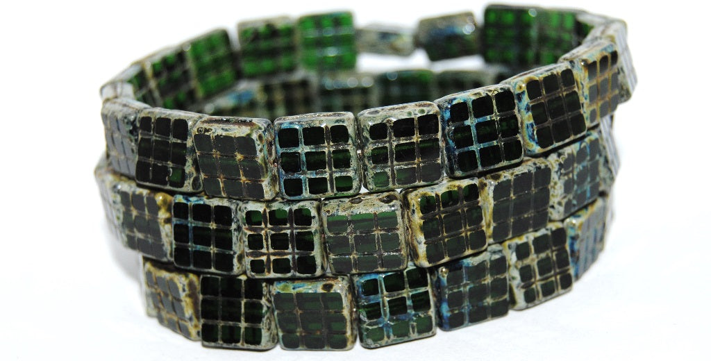 Table Cut Square Beads With Grid, Transparent Green Emerald Stain Strong Antiq (50150 86805 Antiq), Glass, Czech Republic