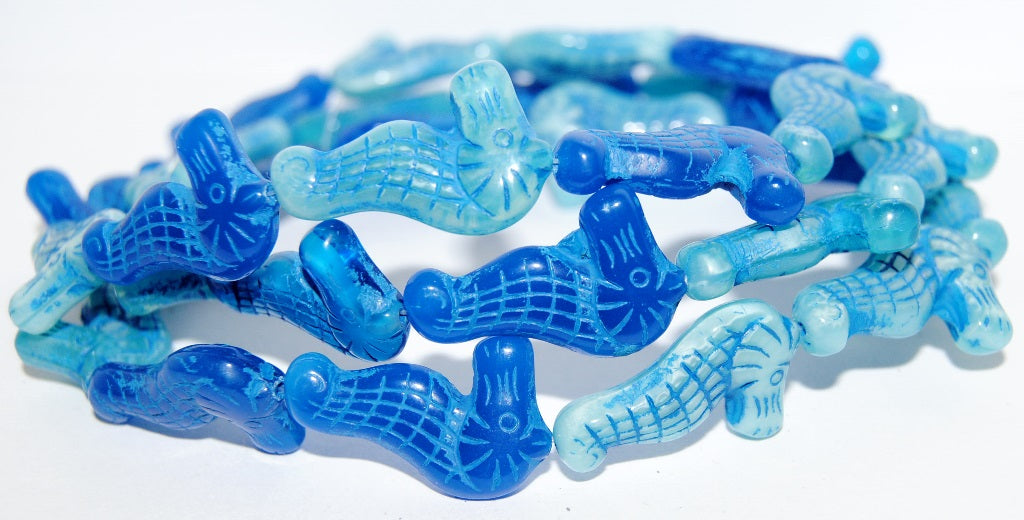 Seahorse Pressed Glass Beads, Mixed Colors Blue 46460 (Mix Blue 46460), Glass, Czech Republic