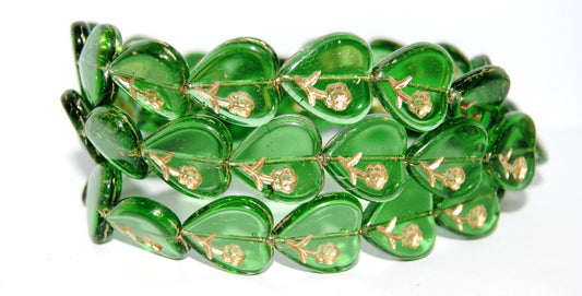 Heart Pressed Glass Beads With Flower, Transparent Green 54202 (50130 54202), Glass, Czech Republic
