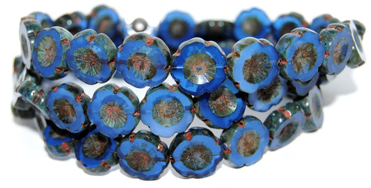 Table Cut Round Beads Hawaii Flowers, Opaque Blue Travertin (33030 86800), Glass, Czech Republic