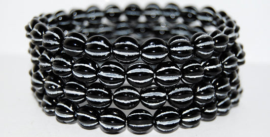 Melon Round Pressed Glass Beads With Stripes, Black 46401 (23980 46401), Glass, Czech Republic