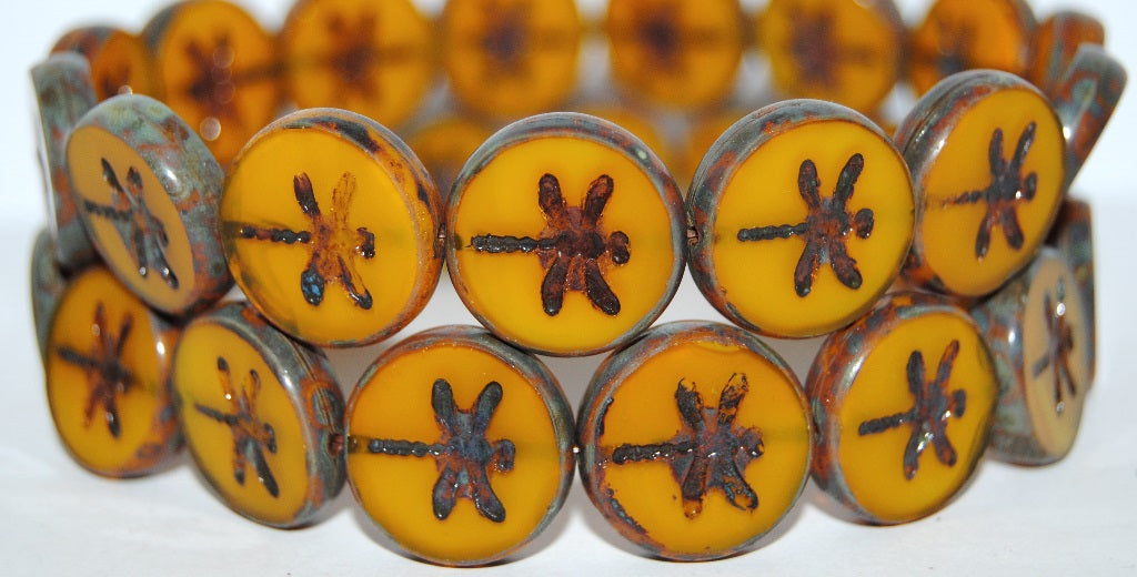 Table Cut Round Beads With Dragonfly, Opal Yellow Travertin (81210 86800), Glass, Czech Republic