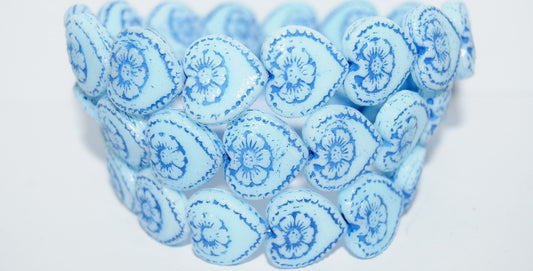 Heart With Flower Pressed Glass Beads, Blue 46430 (63000 46430), Glass, Czech Republic
