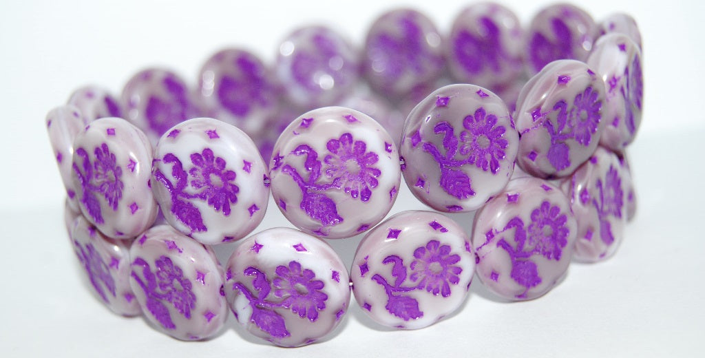 Round Flat With Flower Marguerite Pressed Glass Beads, (7224 46420), Glass, Czech Republic