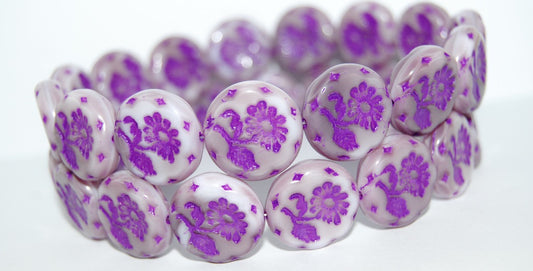 Round Flat With Flower Marguerite Pressed Glass Beads, (7224 46420), Glass, Czech Republic