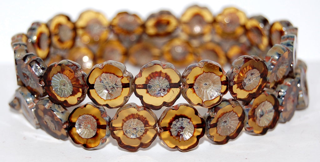 Table Cut Round Beads Hawaii Flowers, Transparent Orange 43400 (10060 43400), Glass, Czech Republic