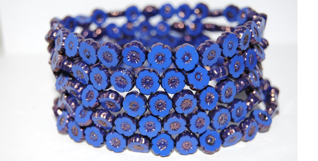 Table Cut Round Beads Hawaii Flowers, Rich Blue Bronze (33060 14415), Glass, Czech Republic