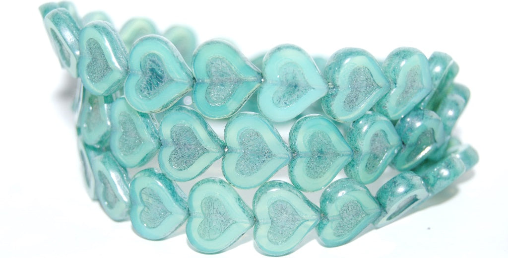 Table Cut Heart Beads With Heart, Opal Aqua Luster Lila (61100 14494), Glass, Czech Republic