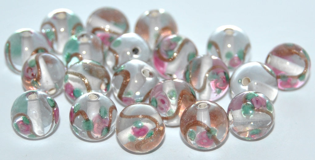 Czech Glass Hand Made Round Lampwork Beads With Flower And Aventurine, (B), Glass, Czech Republic