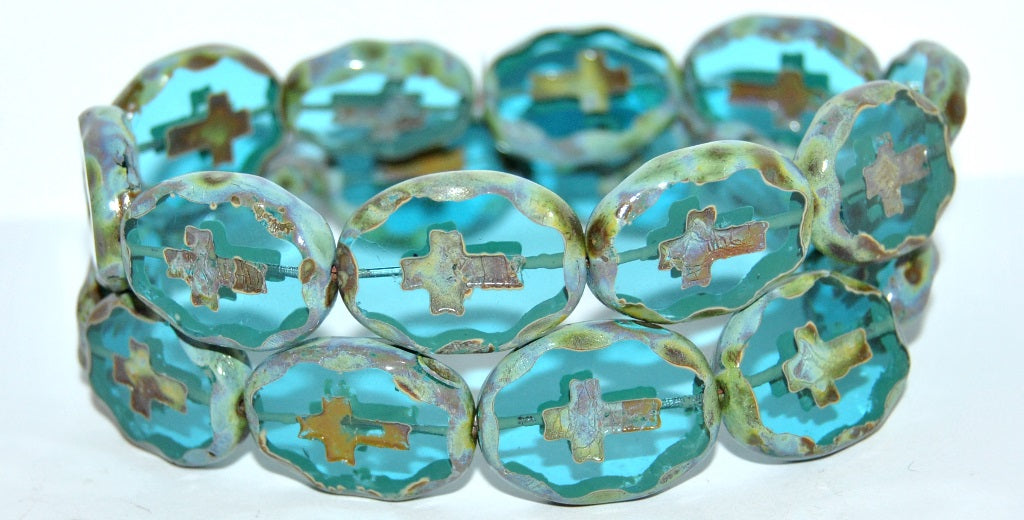 Table Cut Oval Beads With Cross, Transparent Aqua Stain Strong (60040 86805), Glass, Czech Republic