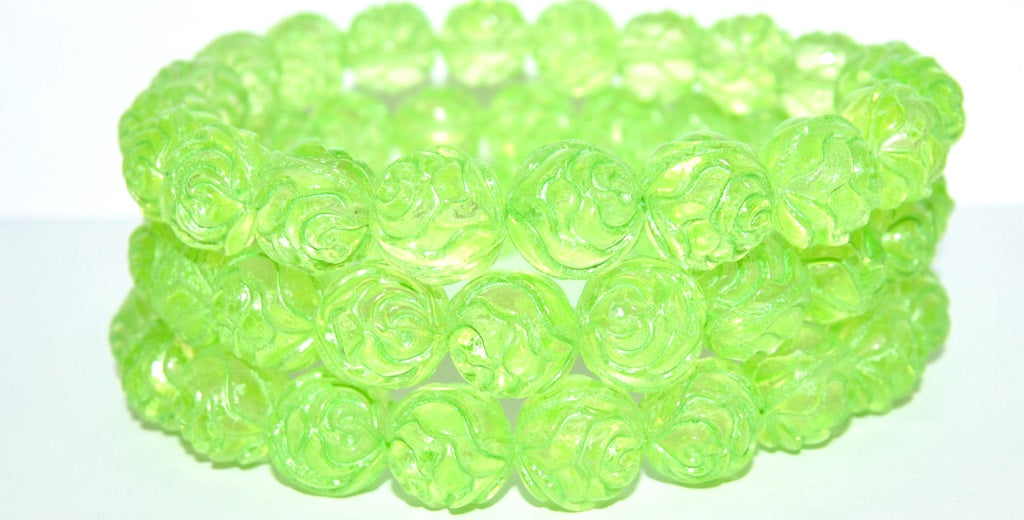 Round Rose Pressed Glass Beads, Transparent Yellow 43813 Uranium (80130 43813 Uranium), Glass, Czech Republic