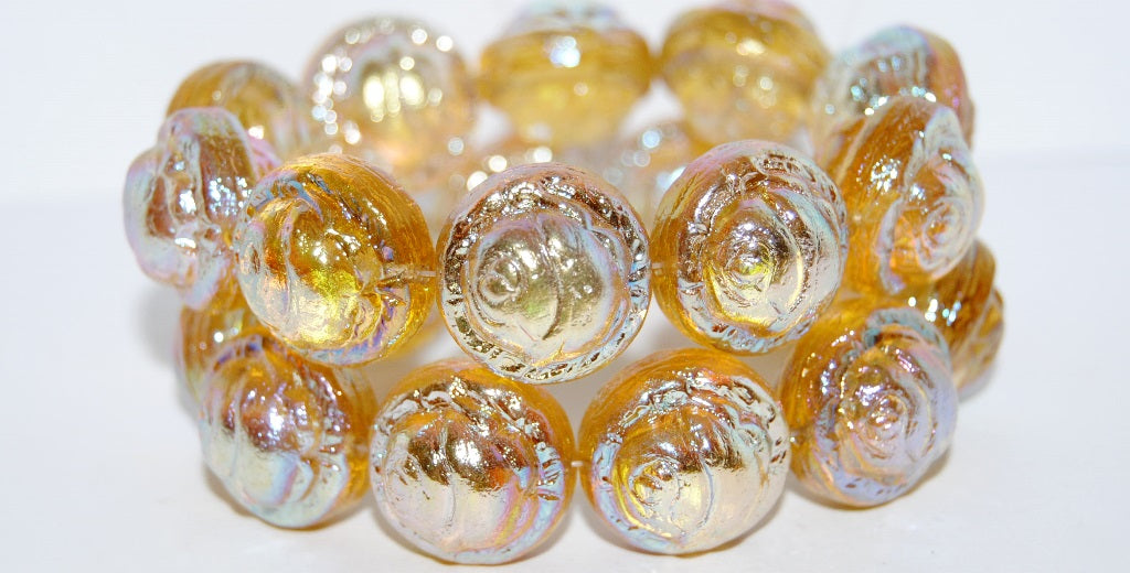 Round With Rose Flower Pressed Glass Beads, Transparent Orange Ab 2X (10040 Ab 2X), Glass, Czech Republic