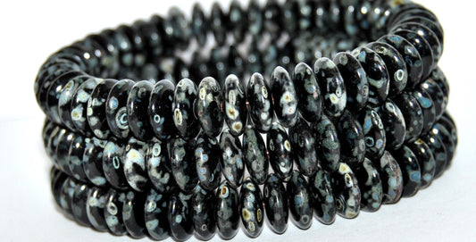 Flat Round Wheel Pressed Glass Beads, Black Travertin (23980 86800), Glass, Czech Republic