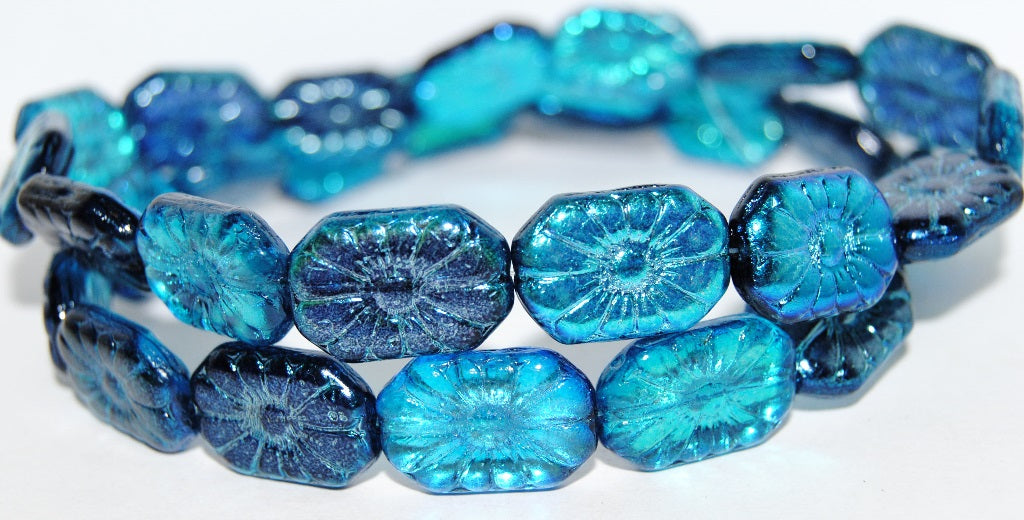 Rounded Rectangle With Flower Pressed Glass Beads, Crystal 48103 (30 48103), Glass, Czech Republic