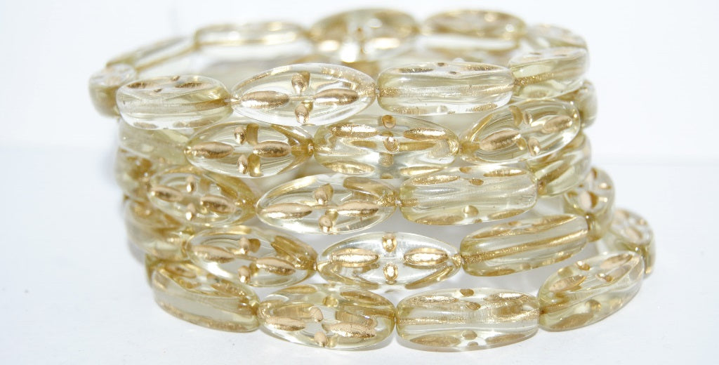 Boat Oval Pressed Glass Beads With Decor, Transparent Yellow 54202 (80100 54202), Glass, Czech Republic