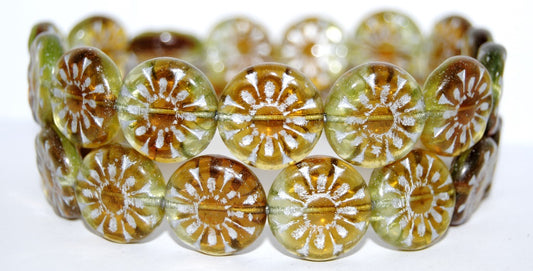 Flat Round With Flower Pressed Glass Beads, (17011 54201), Glass, Czech Republic
