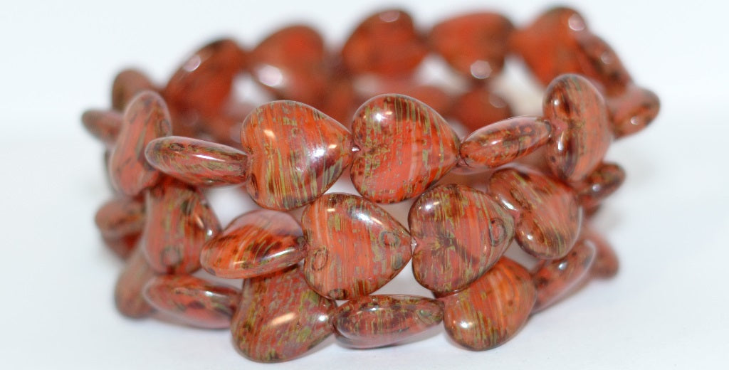 Heart Pressed Glass Beads, Orange Opal Travertin (Orange Opal 86800), Glass, Czech Republic