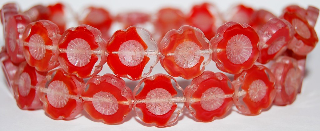 Table Cut Round Beads Hawaii Flowers, Orange Luster Cream (96028 14401), Glass, Czech Republic