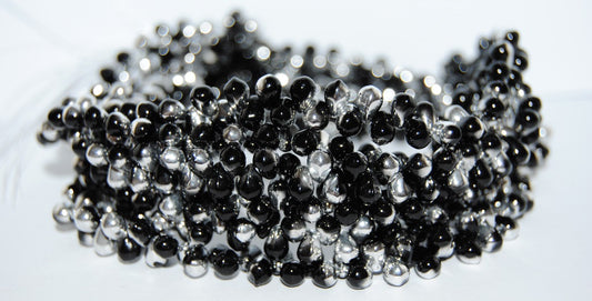 Pear Drop Pressed Glass Beads, Black Crystal Silver Half Coating (23980 27001), Glass, Czech Republic