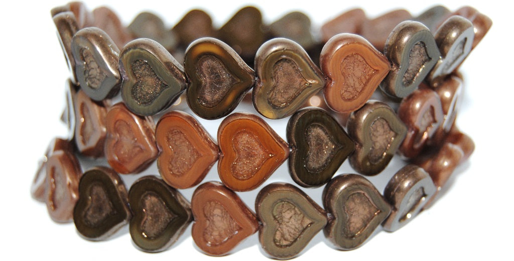 Table Cut Heart Beads With Heart, Brown Mixed Colors 2 Bronze (Brown Mix 2 14415), Glass, Czech Republic