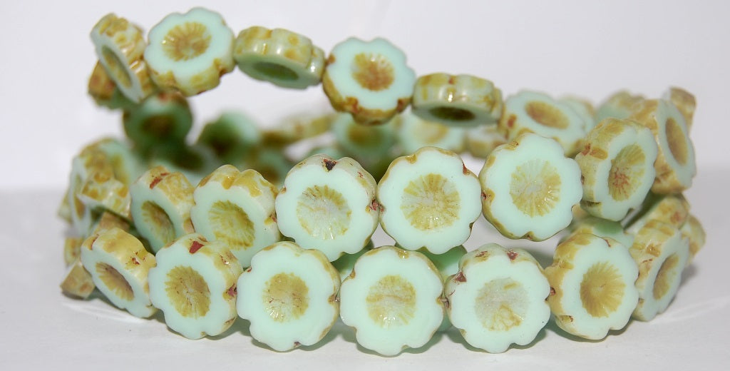 Table Cut Round Beads Hawaii Flowers, Opaque Green Travertin (53100 86800), Glass, Czech Republic