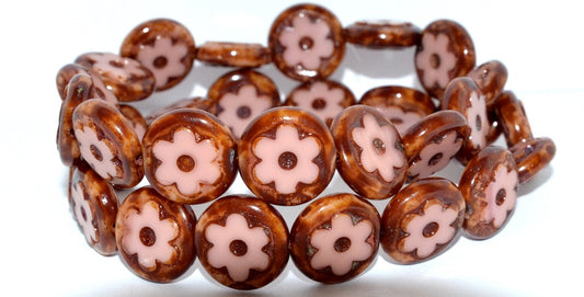 Table Cut Round Beads With Flower, Opaque Pink Travertin (73030 86800), Glass, Czech Republic