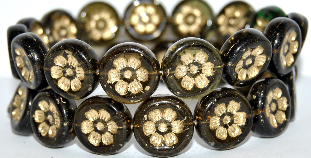 Round Flat With 6-Petal Flower Pressed Glass Beads, Green Mixed Colors 54202 (Green Mix 54202), Glass, Czech Republic