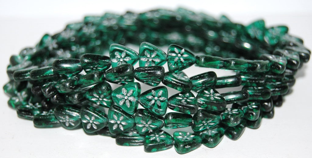 Triangle Flat Wit Flower Pressed Glass Beads, Transparent Green Emerald 54201 (50710 54201), Glass, Czech Republic