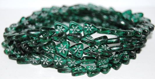 Triangle Flat Wit Flower Pressed Glass Beads, Transparent Green Emerald 54201 (50710 54201), Glass, Czech Republic