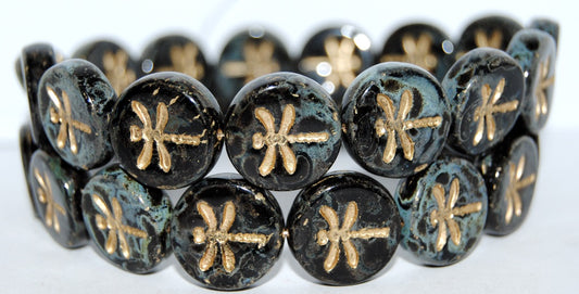 Round Flat Wit Dragonfly Pressed Glass Beads, Black 86 54202 (23980 86 54202), Glass, Czech Republic