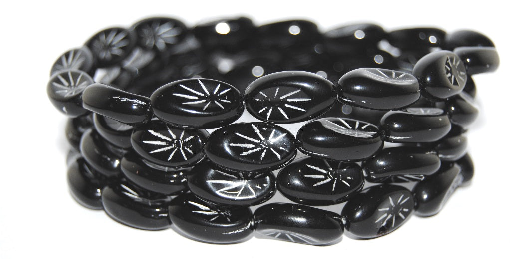 Oval With Rays Pressed Glass Beads, Black 54201 (23980 54201), Glass, Czech Republic