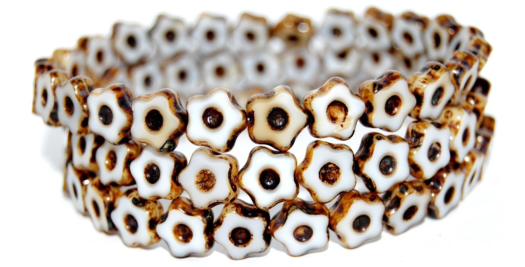 Table Cut Flower Beads With Dot, Dark Beige Travertin (7193 86800), Glass, Czech Republic