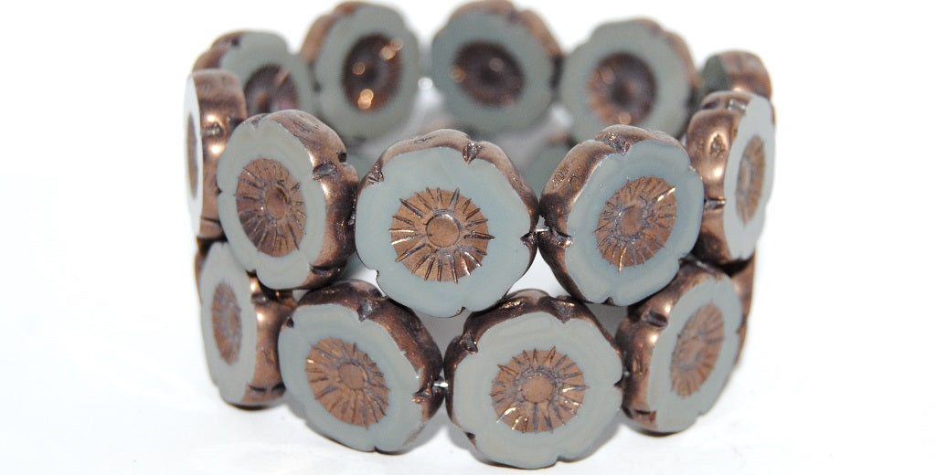 Table Cut Round Beads Hawaii Flowers, Opaque Gray Bronze (43030 14415), Glass, Czech Republic