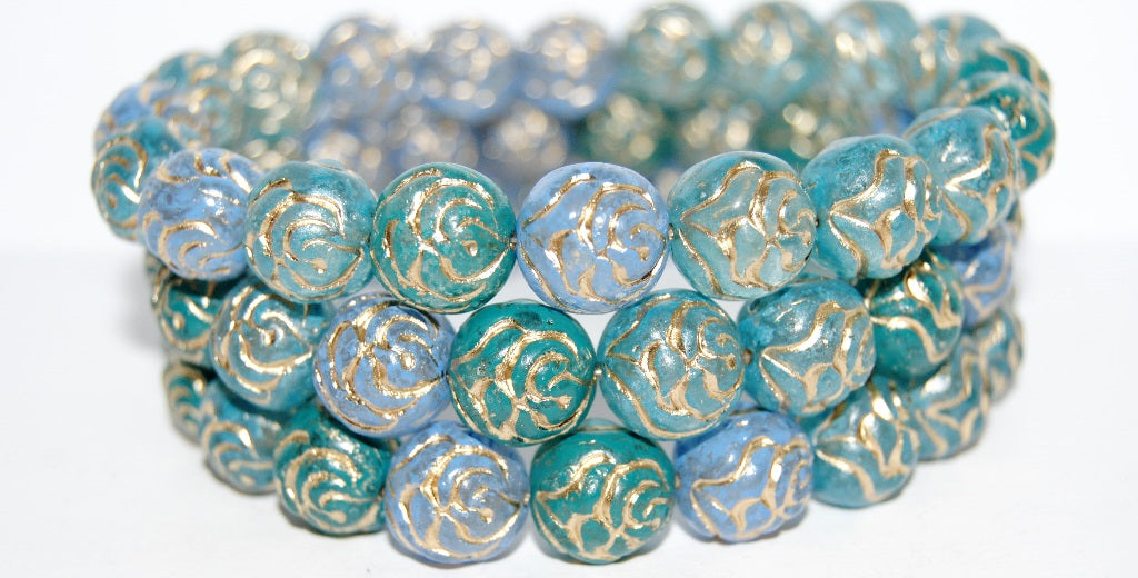 Round Rose Pressed Glass Beads, Lava Glass Mixed Colors Blue 54202 (Lava Glass Mix Blue 54202), Glass, Czech Republic