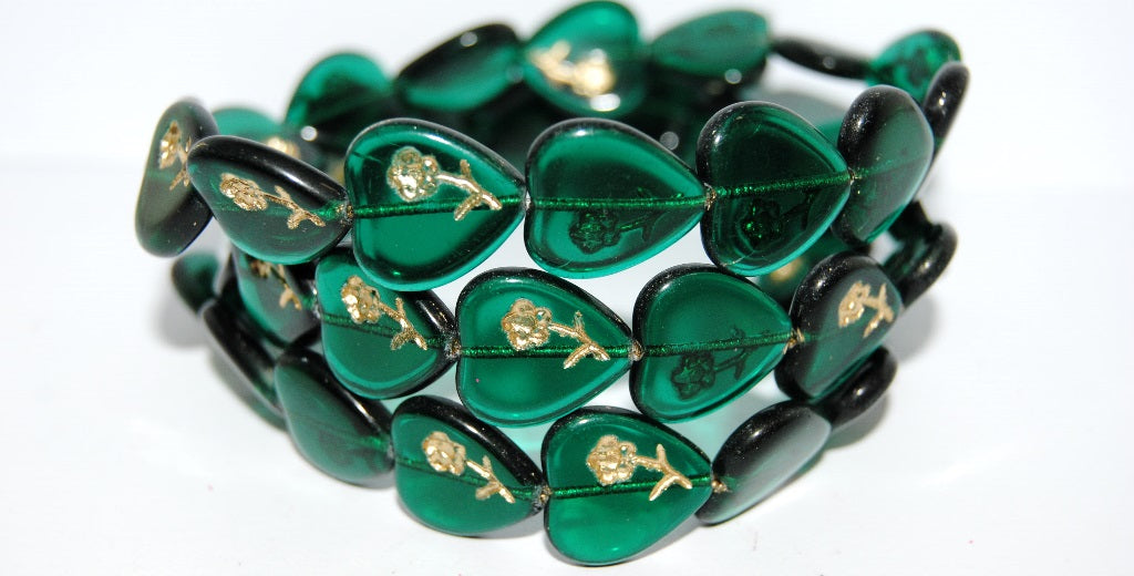 Heart Pressed Glass Beads With Flower, Transparent Green Emerald 54202 (50150 54202), Glass, Czech Republic