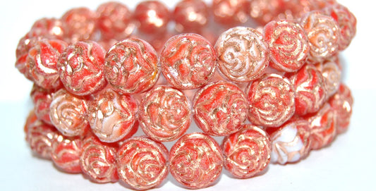 Round Rose Pressed Glass Beads, Coral 54200 (7913 54200), Glass, Czech Republic