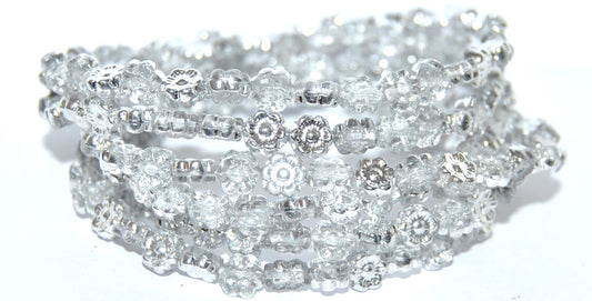 Hawaii Flower Pressed Glass Beads, Crystal Crystal Silver Half Coating (30 27001), Glass, Czech Republic