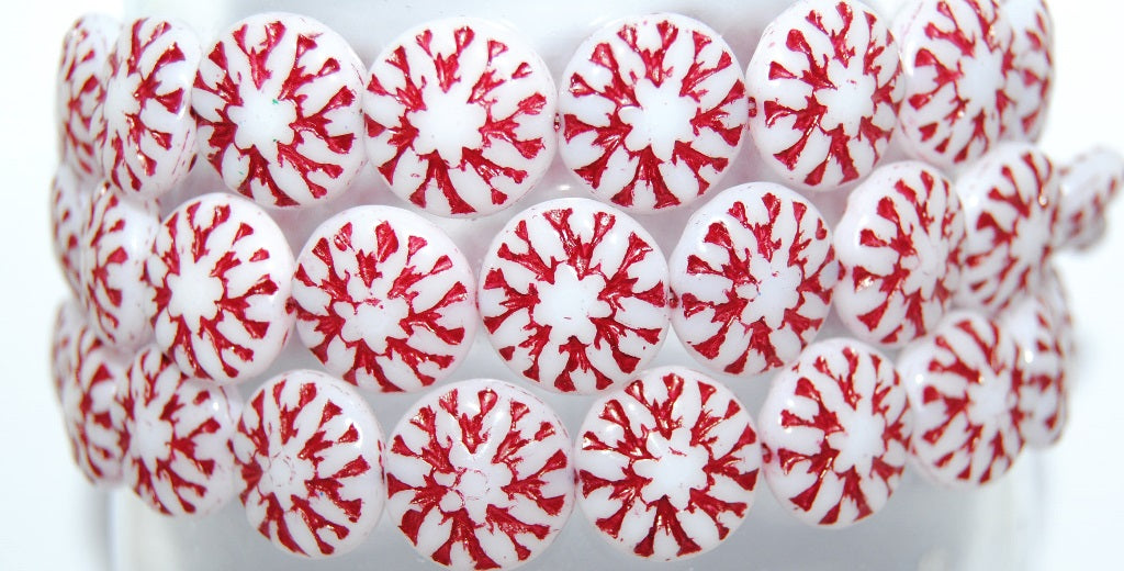 Round Flower Edelweiss Pressed Glass Beads, White 46490 (2010 46490), Glass, Czech Republic