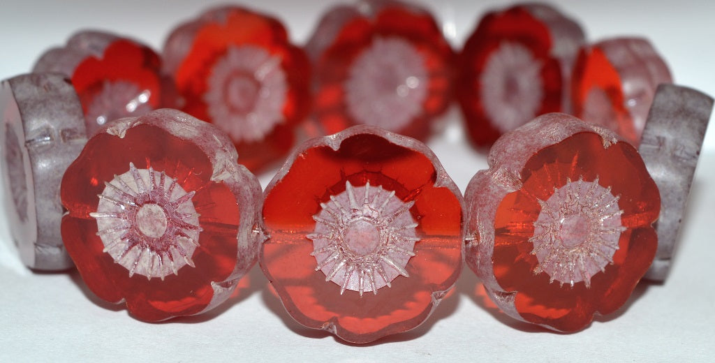 Table Cut Round Beads Hawaii Flowers, Mixed Colors Ruby Hematite (Mix Ruby 14400), Glass, Czech Republic